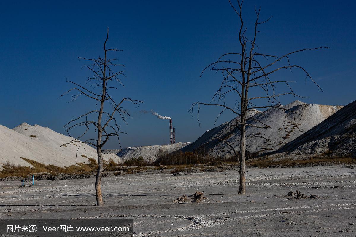 廢棄的化工廠堆積如山.鹽堆.燒焦的貧瘠的沙漠.死去的土壤