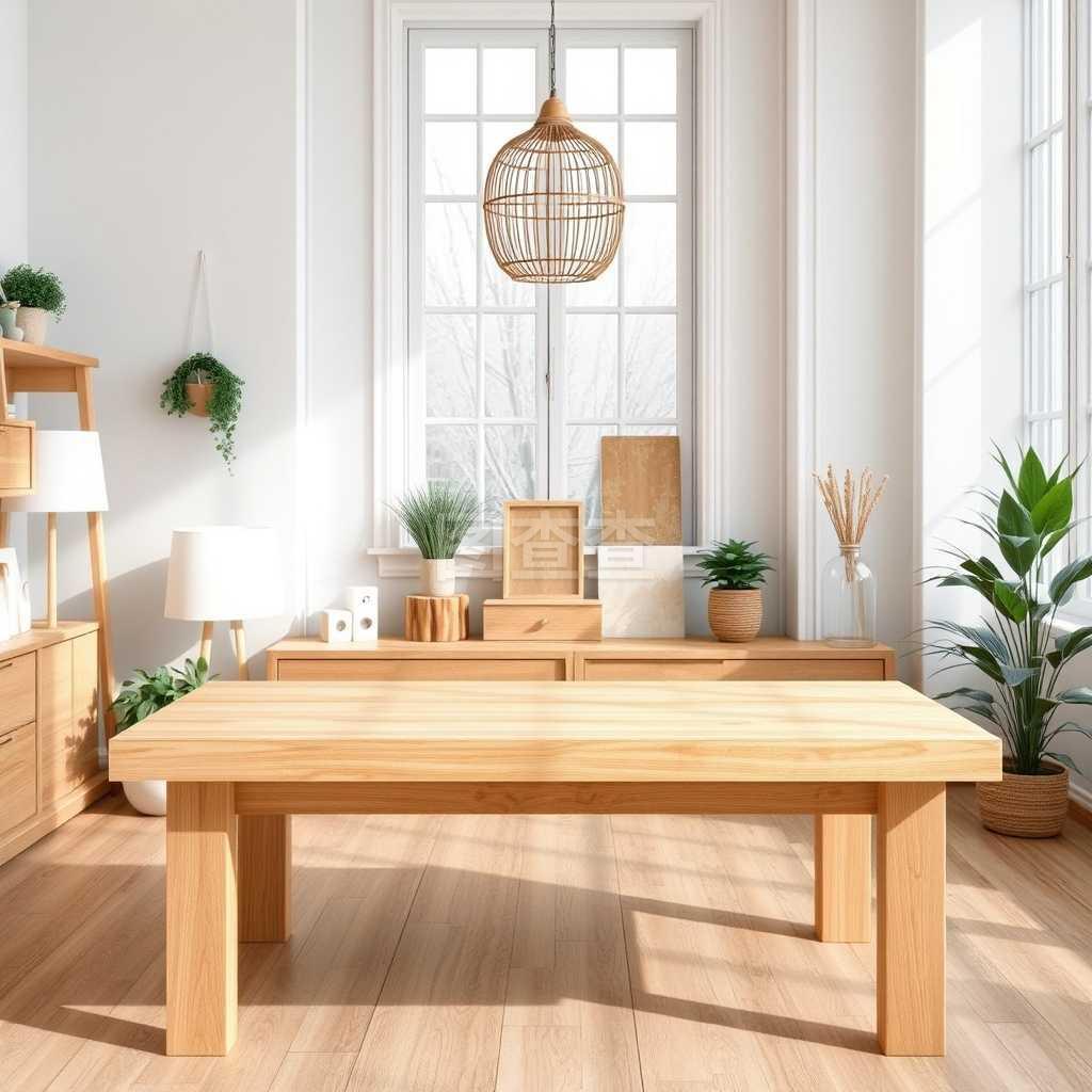 空木桌子和室內(nèi)裝飾背景,產(chǎn)品蒙太奇展示,窗背板